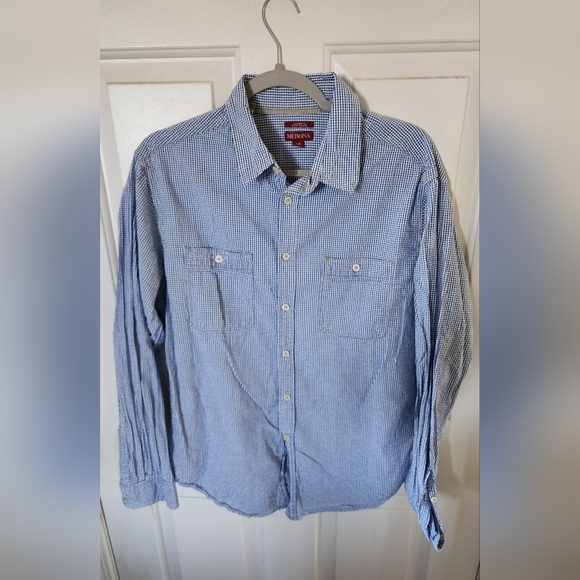 Merona Mens Size L Blue Checked Gingham Long Sleeve Button Up Shirt - Picture 2 of 5